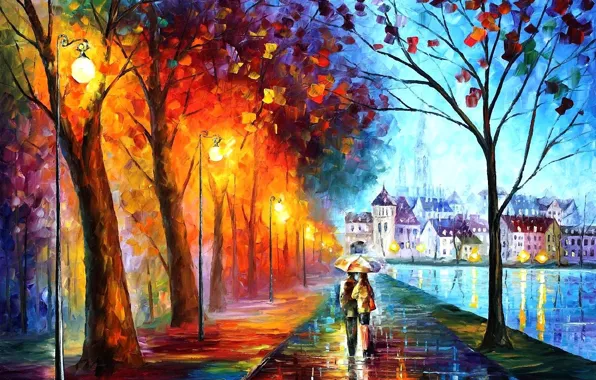 Картинка деревья, город, парк, река, зонтик, дождь, дома, зонт, арт, фонари, пара, парочка, leonid afremov