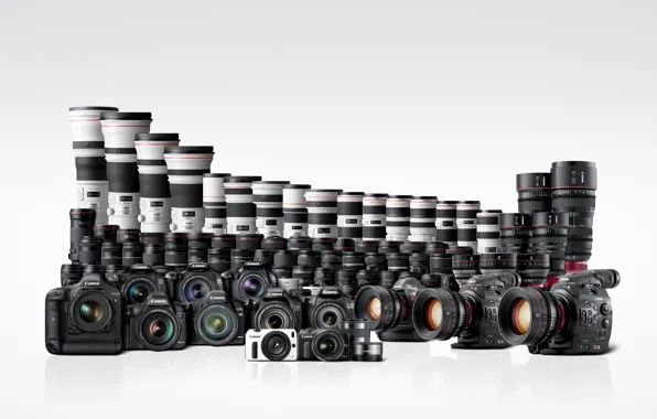 Картинка обои, белый фон, Canon, фотоаппараты, EOS, объективы, видеокамеры