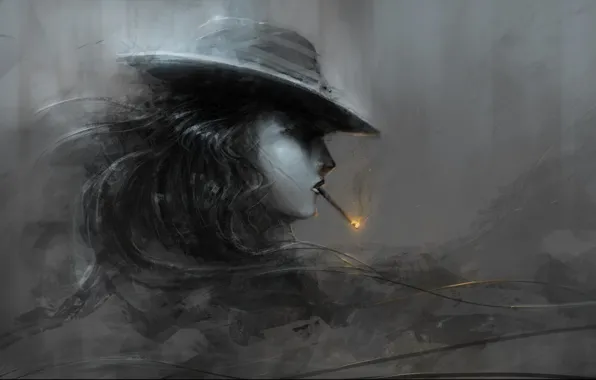 Картинка девушка, огонь, шляпа, арт, сигарета, профиль, черно-белое
