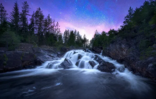 Картинка деревья, река, камни, водопад, Норвегия, каскад, Norway, звёздное небо, Рингерике, Ringerike