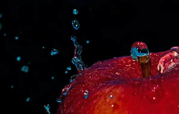Картинка вода, капли, макро, яблоко, всплеск