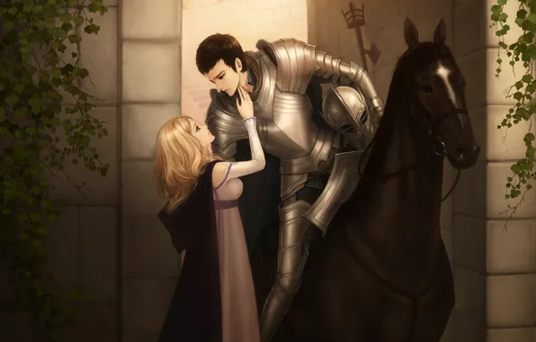 Картинка лошадь, Девушка, доспехи, мужчина, влюбленные, рыцарь, двое