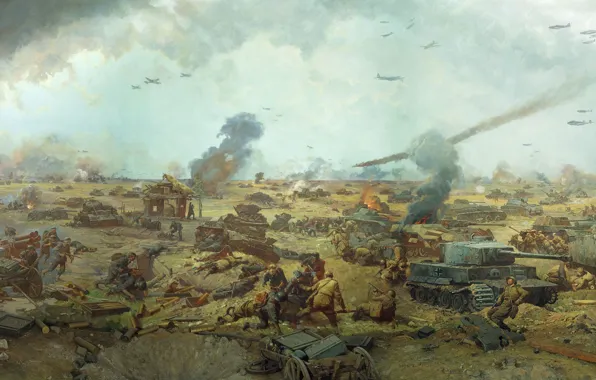 Картинка поле, оружие, огонь, дым, картина, Война, бой, самолеты, солдаты, битва, боеприпасы, трупы, танки, русские, немцы, …