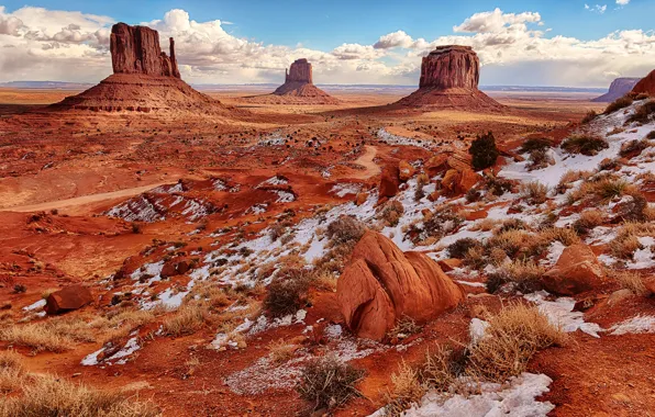 Картинка небо, облака, снег, скалы, пустыня, Аризона, США, Долина Монументов