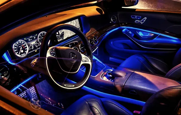 Картинка синий, Mercedes-Benz, неон, салон, AMG, s-class, W222, S63