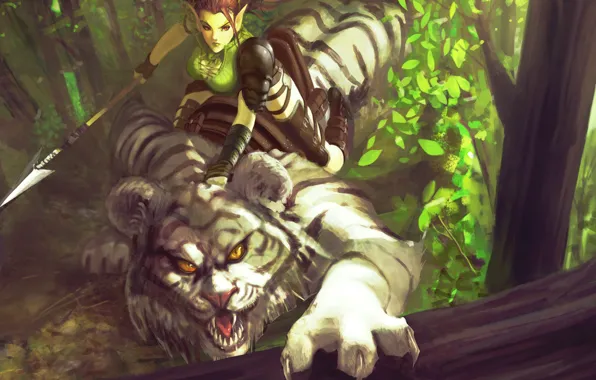 Картинка лес, девушка, тигр, хищник, фэнтези, арт, эльфийка