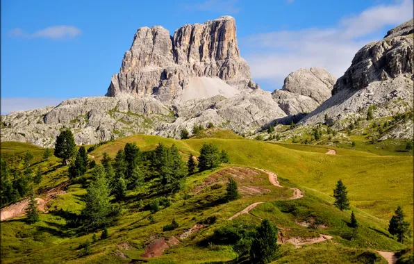Картинка небо, трава, деревья, горы, природа, Италия, Доломитовые Альпы, гора Аверау, Кортина-д'Ампеццо