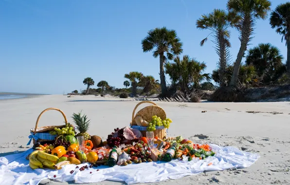 Картинка песок, пляж, пальмы, фото, еда, фрукты, натюрморт, корзинка