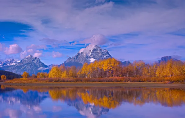 Картинка осень, небо, облака, снег, деревья, горы, природа, озеро, отражение