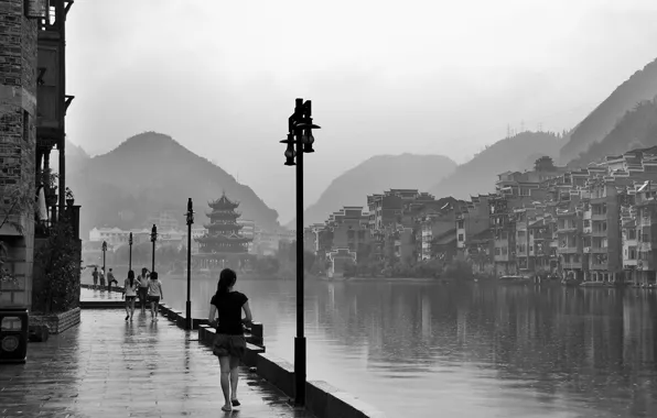 Картинка China, girl, river, rain, National Geographic, photos, hill, houses, black and white, Fred Wang
