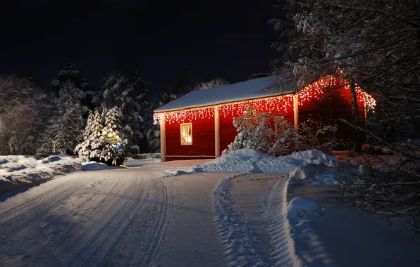 Картинка зима, дорога, лес, снег, деревья, природа, lights, огни, дом, праздник, house, forest, Happy New Year, …