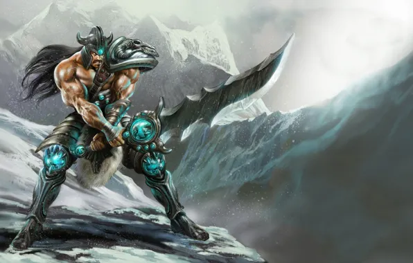 Картинка снег, горы, оружие, меч, доспехи, воин, мужчина, league of legends, Tryndamere