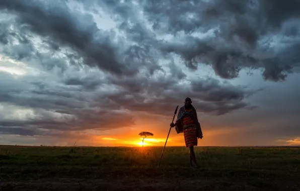 Картинка небо, закат, Африка, Кения, Заповедник Масаи-Мара, челвек