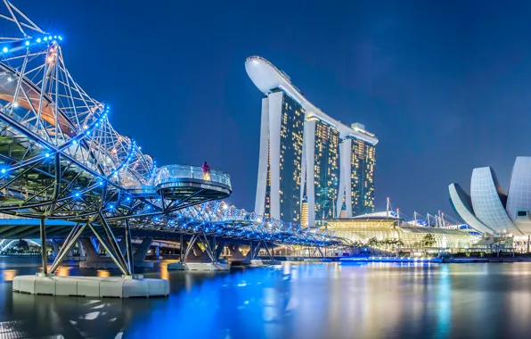 Картинка ночь, мост, дизайн, огни, река, здания, неон, Сингапур, сооружения, набережная, Marina Bay Sands, Helix Bridge