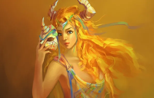 Картинка девушка, маска, арт, рога, желтый фон