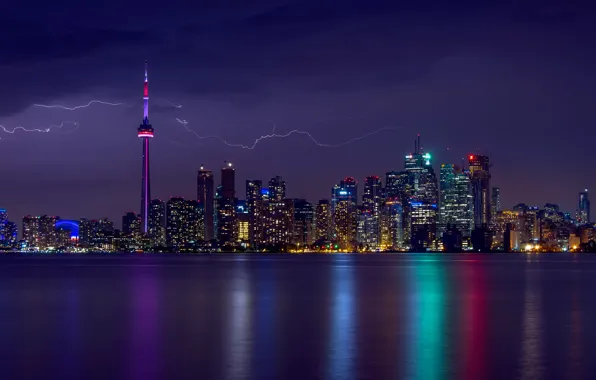 Картинка гроза, небо, свет, огни, молния, дома, вечер, подсветка, Канада, Онтарио, Торонто