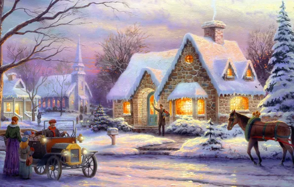 Картинка зима, машина, ретро, люди, конь, лошадь, елки, номер, Рождество, ёлка, городок, ящик, живопись, Christmas, art, …