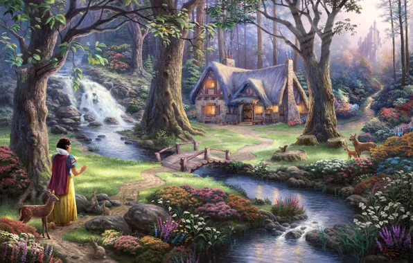 Картинка деревья, цветы, мост, замок, водопад, сказка, вечер, арт, домик, fantasy, sunshine, речка, олени, принцесса, bridge, …