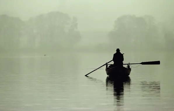 Картинка туман, озеро, лодка, рыбак, утро