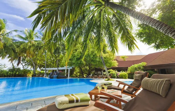 Картинка деревья, пальмы, бассейн, Мальдивы, отель, столик, шезлонги, экстерьер