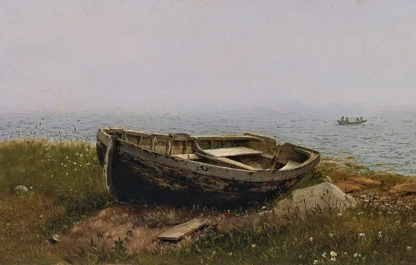 Картинка море, пейзаж, дети, камни, берег, лодка, картина, Frederic Edwin Church