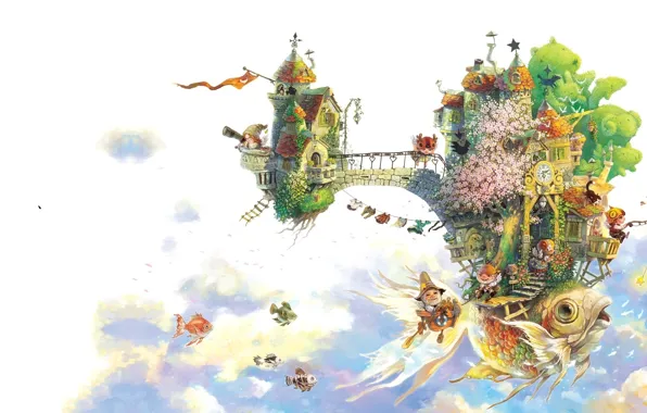 Картинка небо, облака, корабль, остров, рыбка, аниме, арт, Xue Wawa
