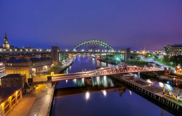 Картинка река, Англия, мосты, ночной город, England, Gateshead