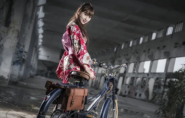 Картинка bike, room, kimono, Japanese girl