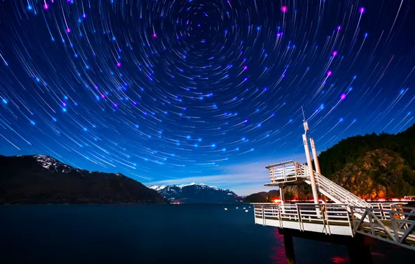 Картинка звезды, горы, ночь, Канада, пирс, залив, Ванкувер, By Alexis Birkill