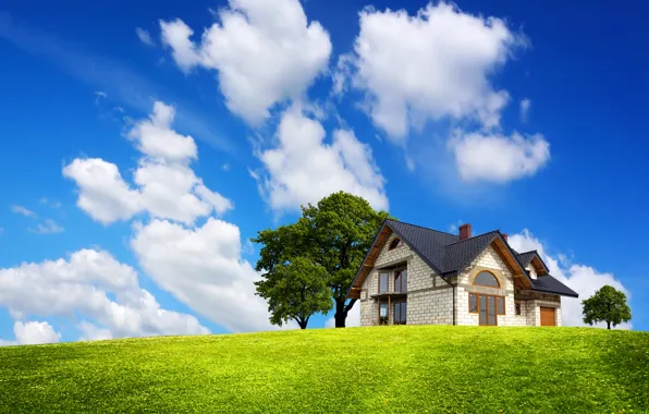Картинка зелень, поле, небо, трава, облака, деревья, дом, голубое, особняк