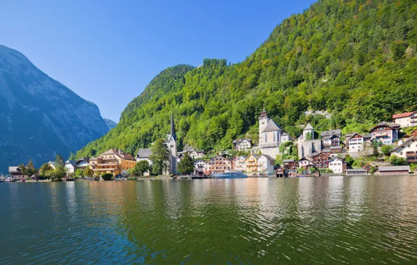 Картинка горы, озеро, дома, Австрия, Альпы, Austria, Hallstatt, Гальштат