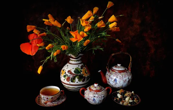 Картинка цветы, чай, маки, чайник, чашка, орехи, натюрморт