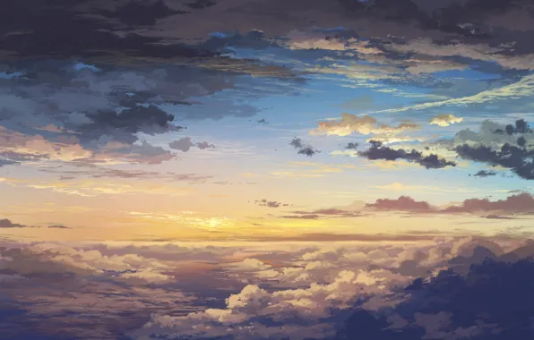 Картинка небо, облака, пейзаж, закат, тучи, рассвет, высота, арт, juuyonkou