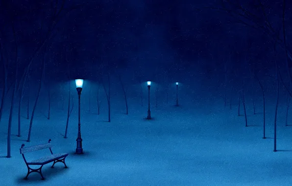Картинка снег, деревья, скамейка, фонарь