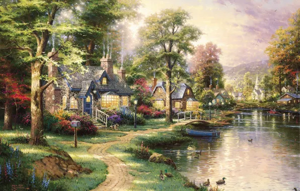 Картинка пейзаж, озеро, лодка, утки, картина, домики, живопись, мостик, тропинка, красивый, art, Thomas Kinkade, Hometown Lake