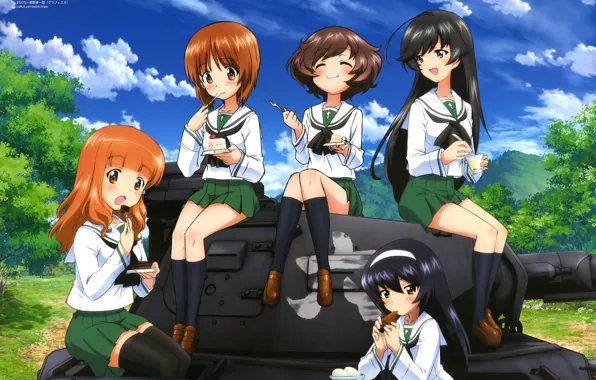 Картинка девочки, танк, торт, счастливые, танкистки, Saori Takebe, Miho Nishizumi, Girls und Panzer, Mako Reizei, Hana …