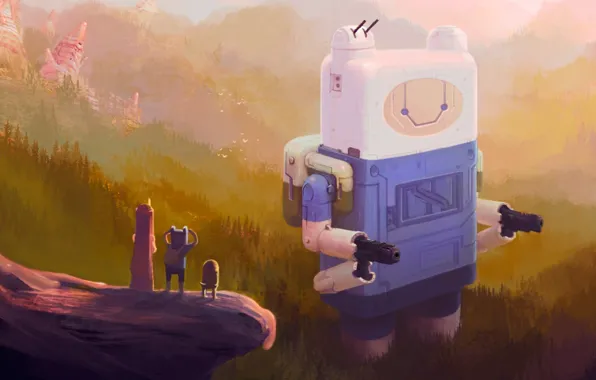 Картинка лес, горы, робот, арт, Jack, время приключений, Adventure time, Finn, princess Bubblegum