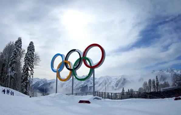 Картинка зима, снег, деревья, горы, Россия, Олимпийские кольца, Сочи 2014, комплекс Лаура