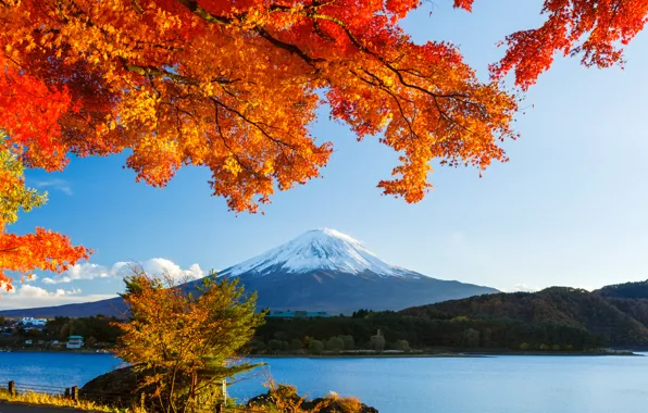 Картинка осень, лес, небо, листья, снег, деревья, озеро, япония, гора, фудзияма