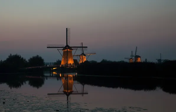 Картинка вечер, мельницы, Нидерланды, сумерки, ветряные, Киндердейк