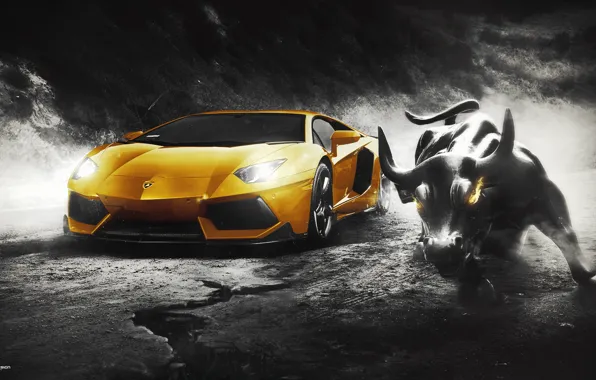 Картинка Lamborghini, Wall, Design, Yellow, LP700-4, Aventador, Supercar, Bull