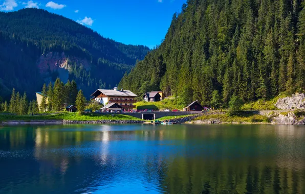 Картинка зелень, деревья, горы, природа, озеро, дома, Альпы, домики, Alpes, Alpen
