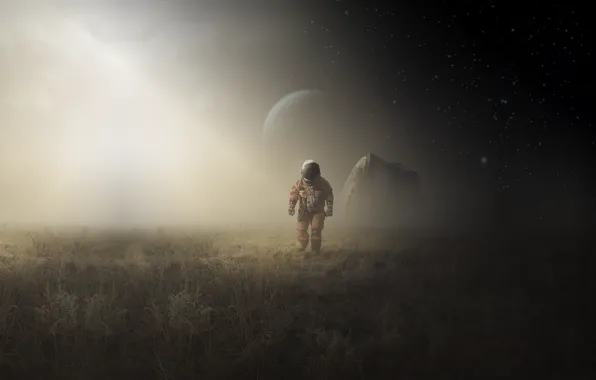 Картинка moon, field, art, man, astronaut, capsule landing