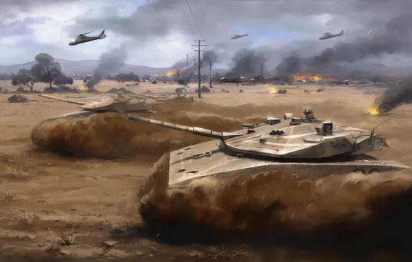 Картинка война, пустыня, вертолет, штурм, танки, Arma 3, пыль. арт