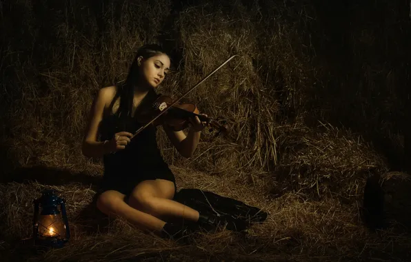 Картинка девушка, скрипка, лампа, сено