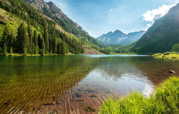 Картинка лес, вода, деревья, горы, озеро, камни, дно, прозрачная, США, Colorado, Maroon Bells