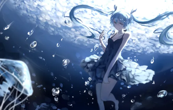 Картинка девушка, улыбка, пузыри, аниме, арт, медузы, vocaloid, hatsune miku, под водой, deep-sea girl, barli