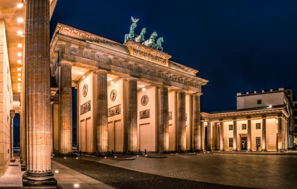 Картинка ночь, город, Германия, освещение, площадь, архитектура, Germany, Deutschland, Берлин, Berlin, Brandenburger Tor, Бранденбургские ворота
