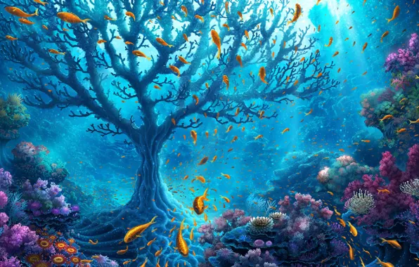 Картинка colorful, fantasy, sea, ocean, water, flowers, tree, harmony, goldfish, fish, branches, old tree, wildlife, reef, …
