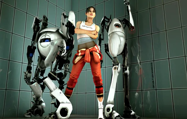 Картинка девушка, роботы, Portal, Атлас, chell, Пи-боди